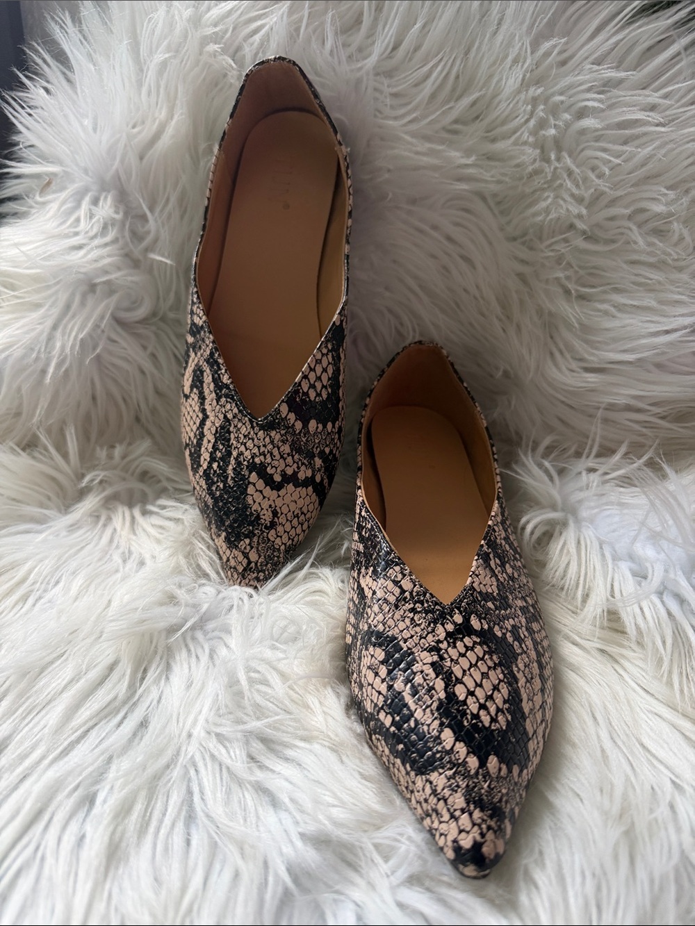 TIJN Women’s Pointed Snake-Print Flats in Beige and Black size 9